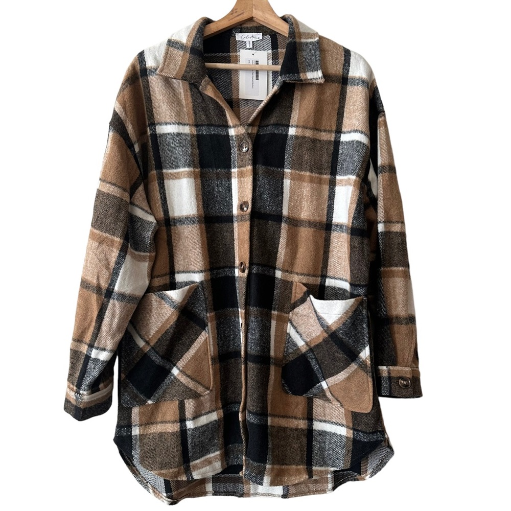 Calista Plaid Wool Blend Flannel Tan Mid Length Button Up Shirt Jacket Shacket
